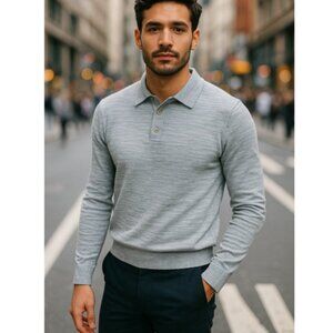 Reiss Mens Polo Sweater Blue White Collared Melange Button Long Sleeve Cotton M